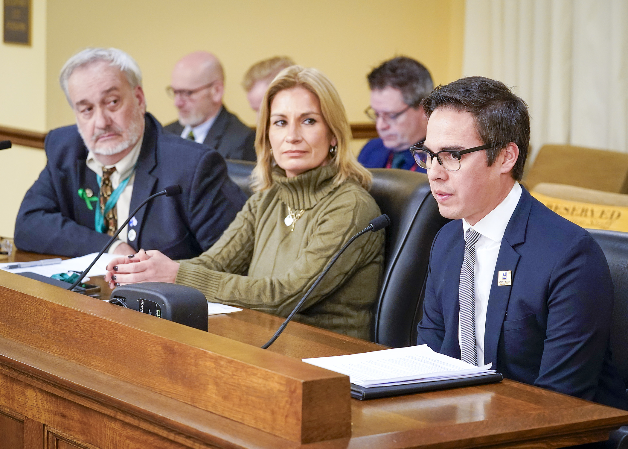 Richard Rowland, business division manager for Saint Paul Regional Water Services, testifies March 10 on a bill proposing a plastic bottle excise tax. Rep. Mary Franson, center, is the sponsor. (Photo by Andrew VonBank)